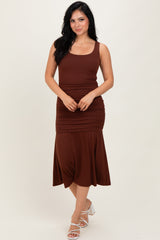Brown Ruched Drop Waist Sleeveless Midi Dress