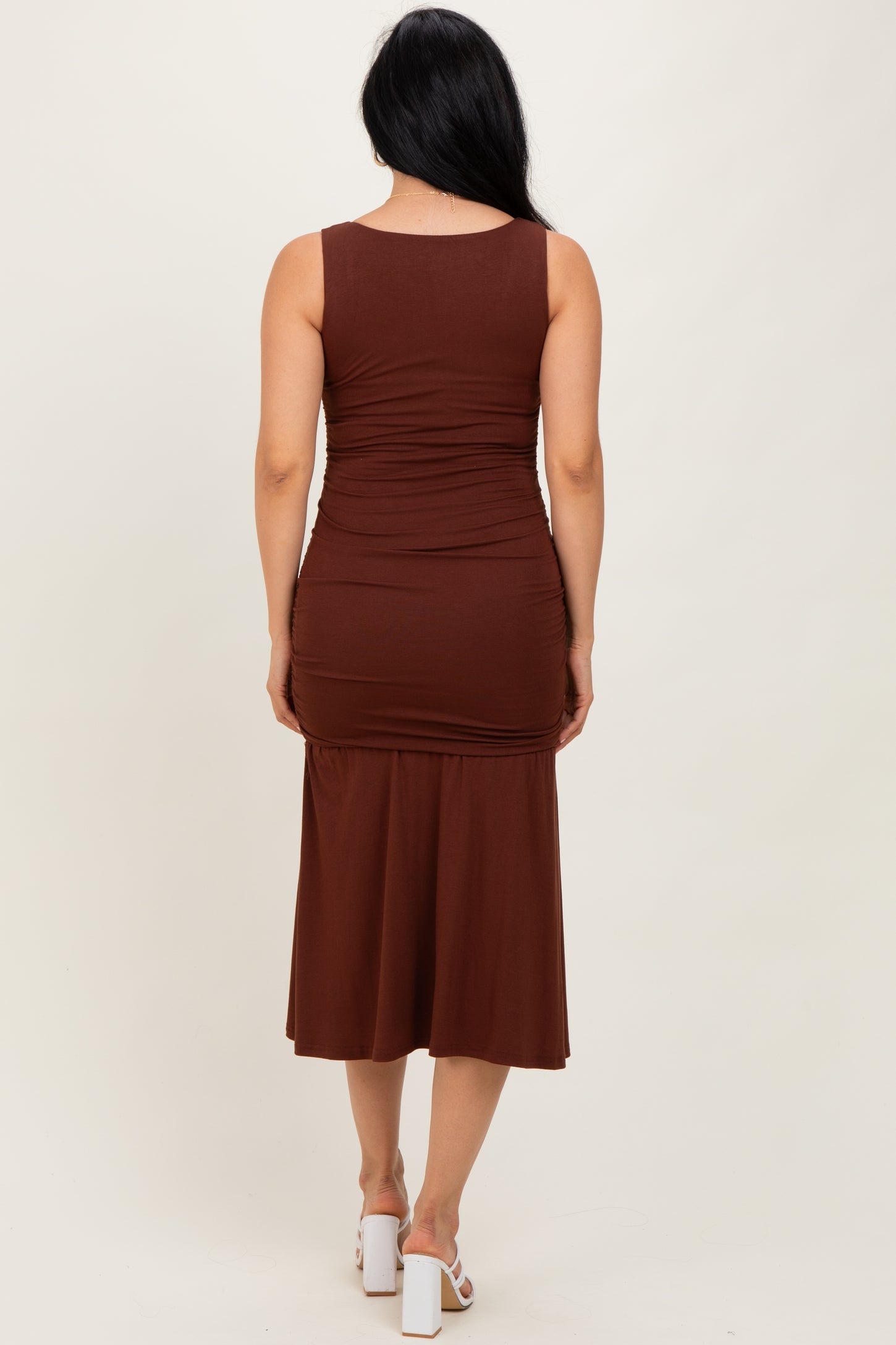 Brown Ruched Drop Waist Sleeveless Midi Dress