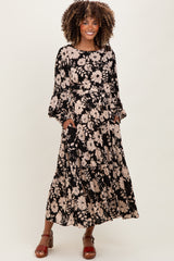 Black Floral Striped Long Sleeve Maternity Midi Dress