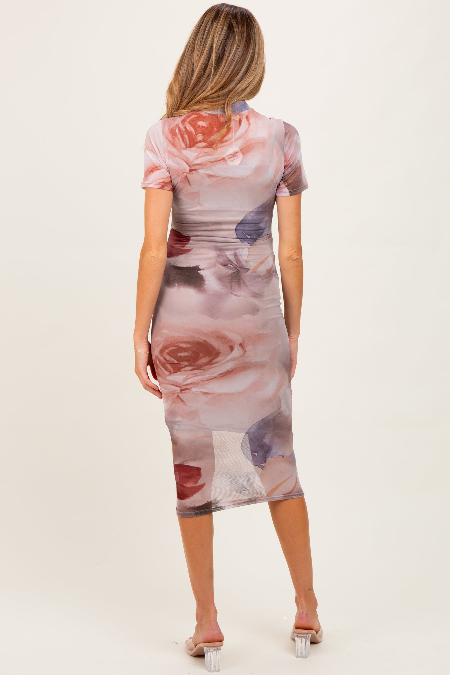 Light Pink Floral Mesh Short Sleeve Maternity Midi Dress