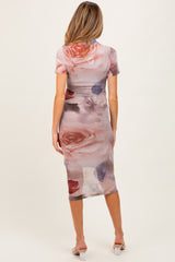 Light Pink Floral Mesh Short Sleeve Maternity Midi Dress