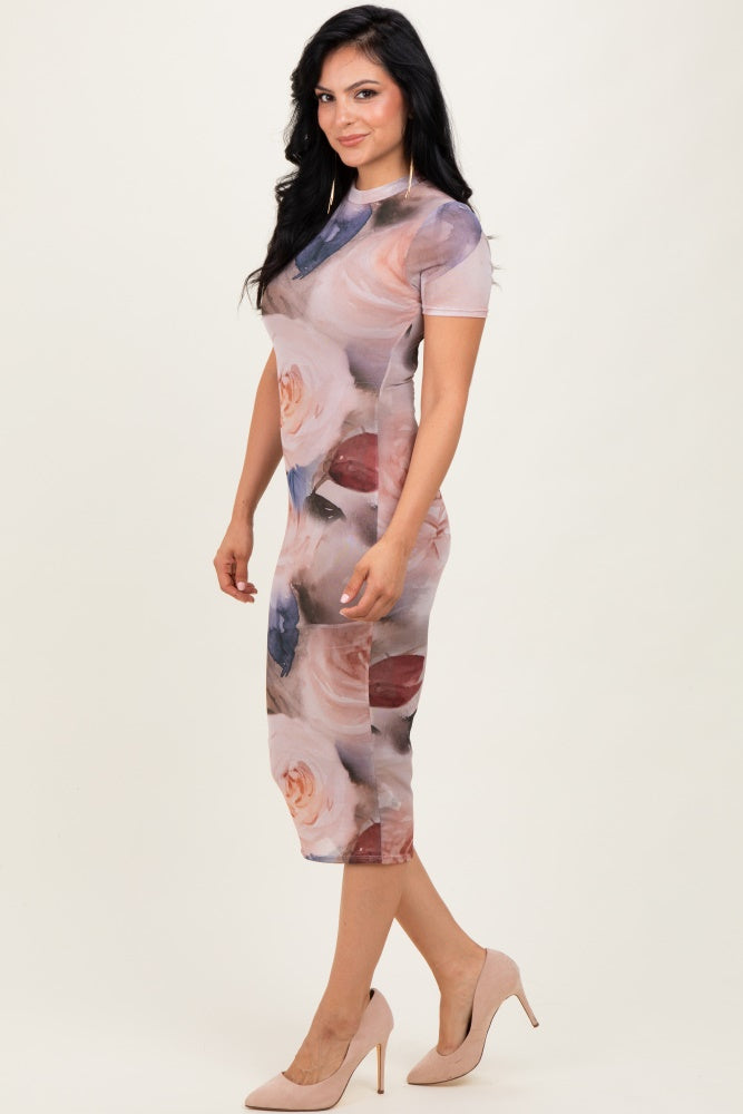 Light Pink Floral Mesh Short Sleeve Midi Dress PinkBlush Light Pink Floral Mesh Short Sleeve Midi Dress PinkBlush