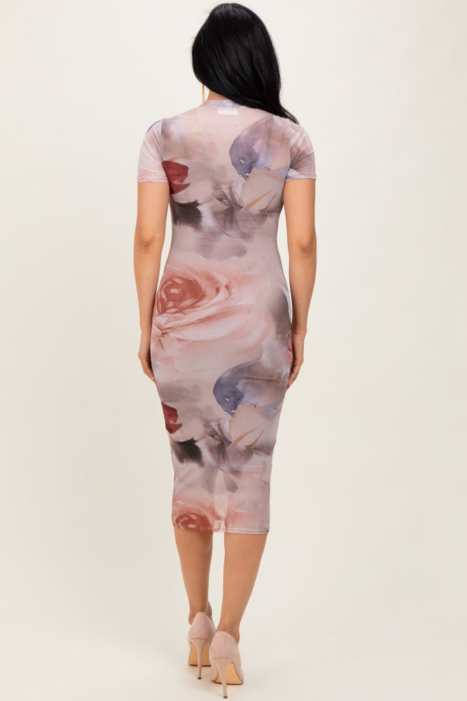 Light Pink Floral Mesh Short Sleeve Midi Dress