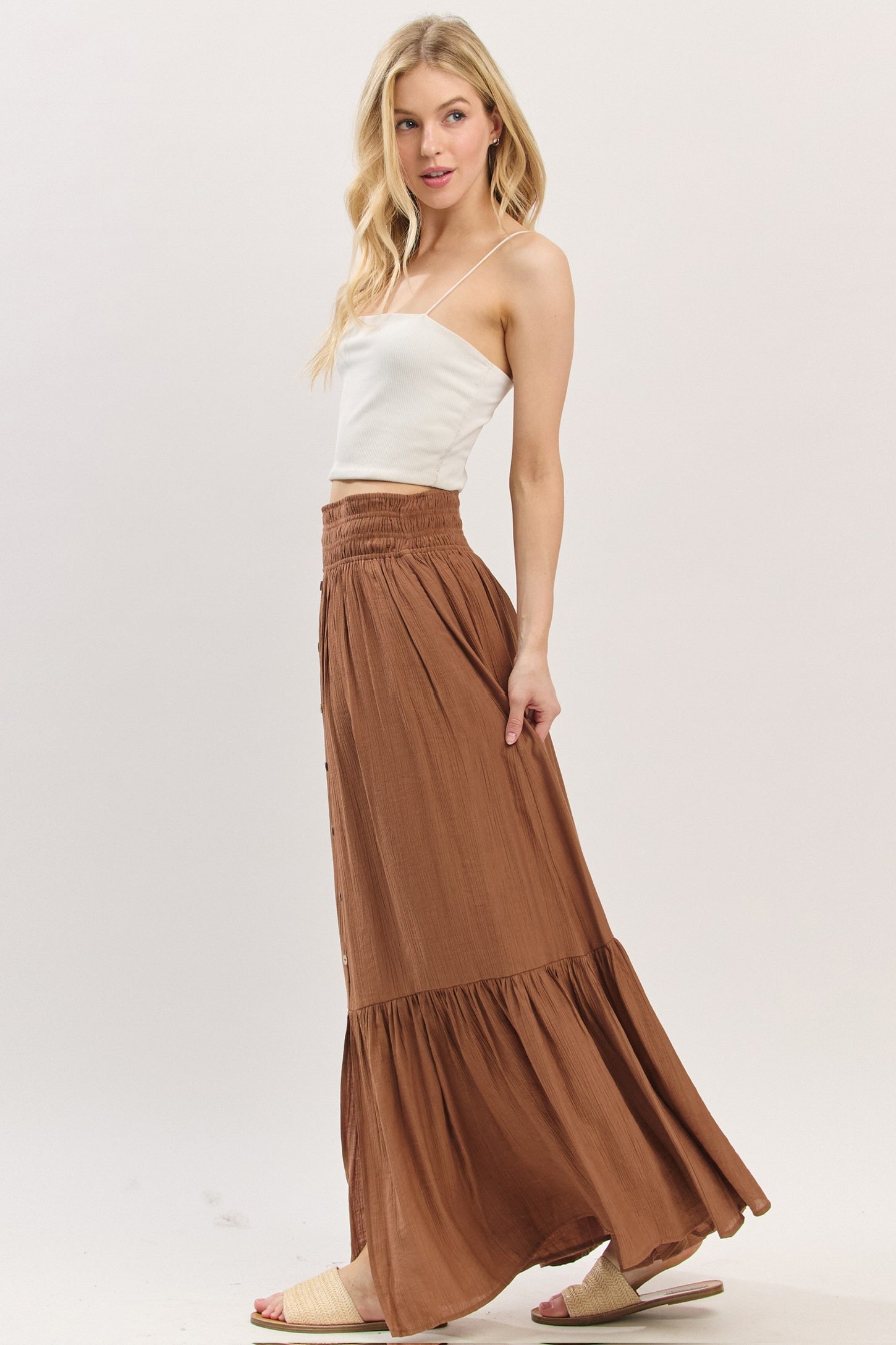 Mocha Smocked Waist Button Accent Maxi Skirt