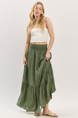 Olive Smocked Waist Button Accent Maternity Maxi Skirt