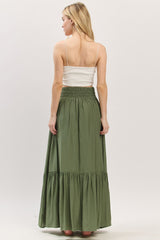 Olive Smocked Waist Button Accent Maxi Skirt