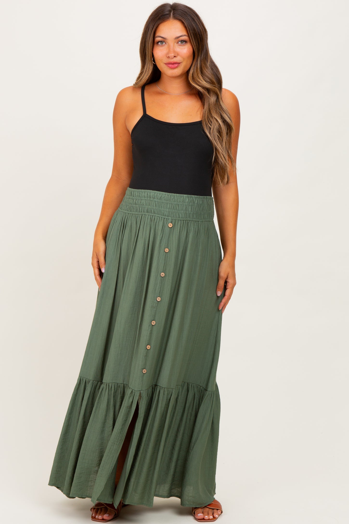 Olive Smocked Waist Button Accent Maternity Maxi Skirt