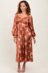 Rust Satin Floral Bubble Sleeve Midi Dress