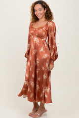 Rust Satin Floral Bubble Sleeve Midi Dress