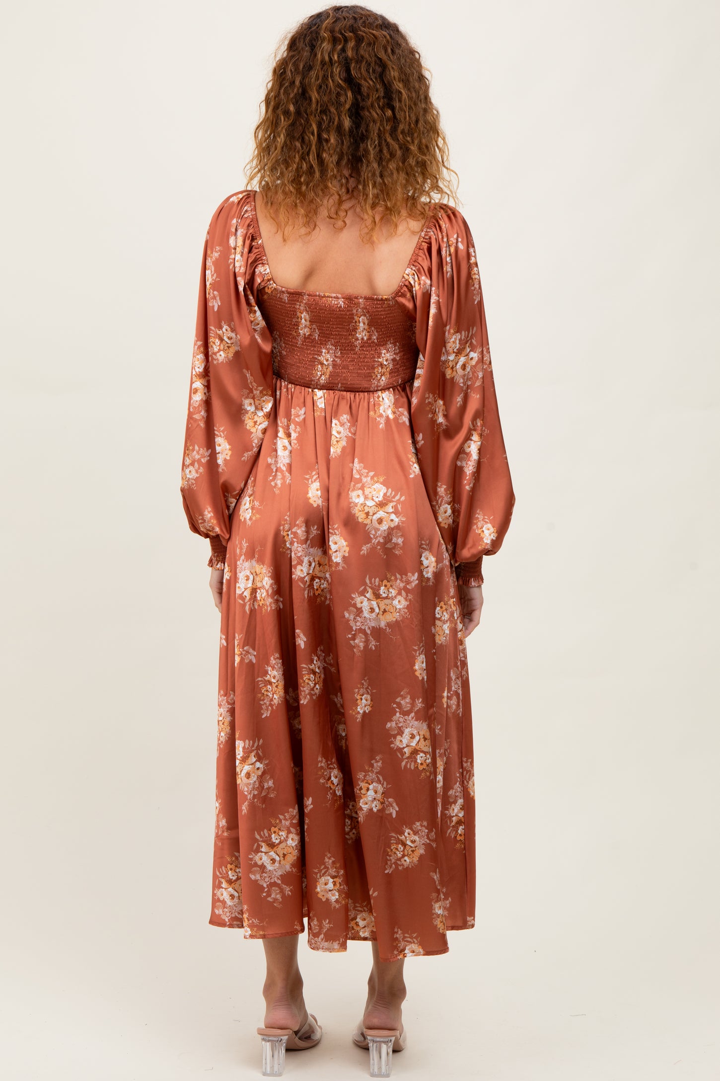 Rust Satin Floral Bubble Sleeve Midi Dress