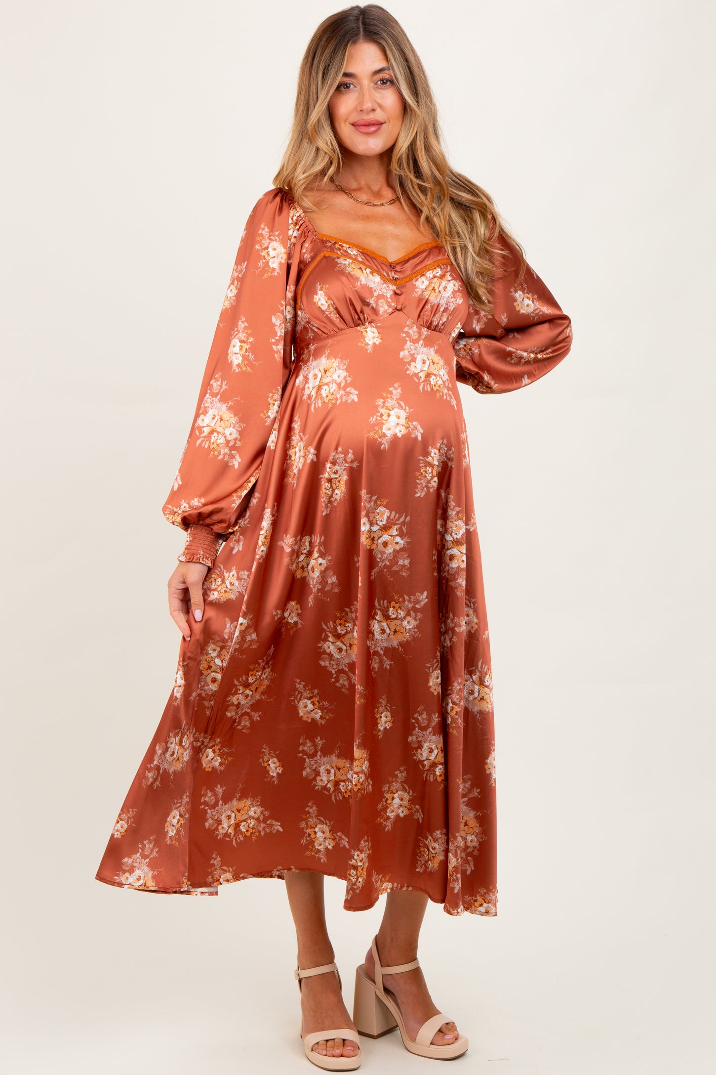 Rust Satin Floral Bubble Sleeve Maternity Midi Dress Rust Satin Floral Bubble Sleeve Maternity Midi Dress