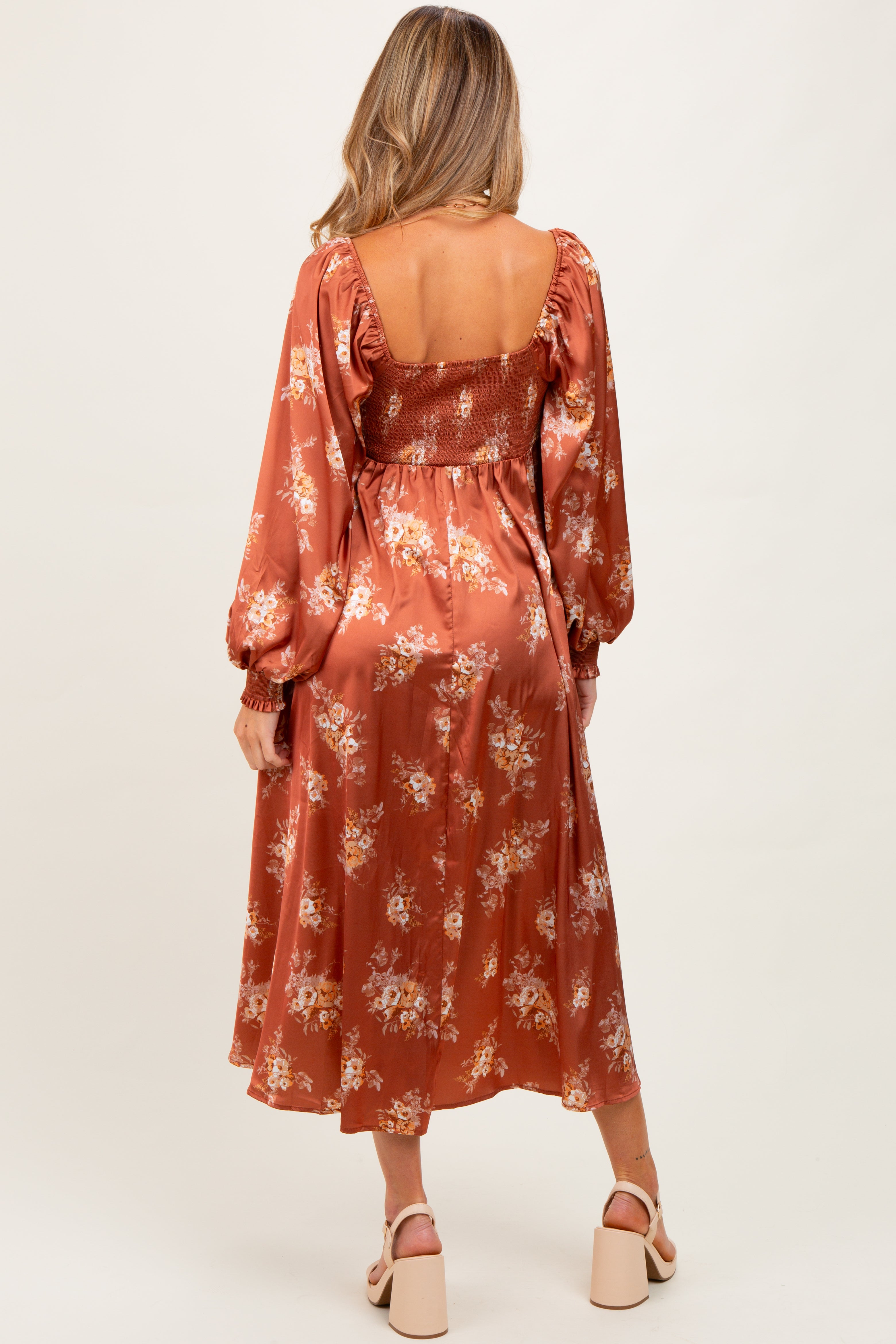 Rust Satin Floral Bubble Sleeve Maternity Midi Dress – PinkBlush