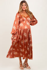 Rust Satin Floral Bubble Sleeve Maternity Midi Dress