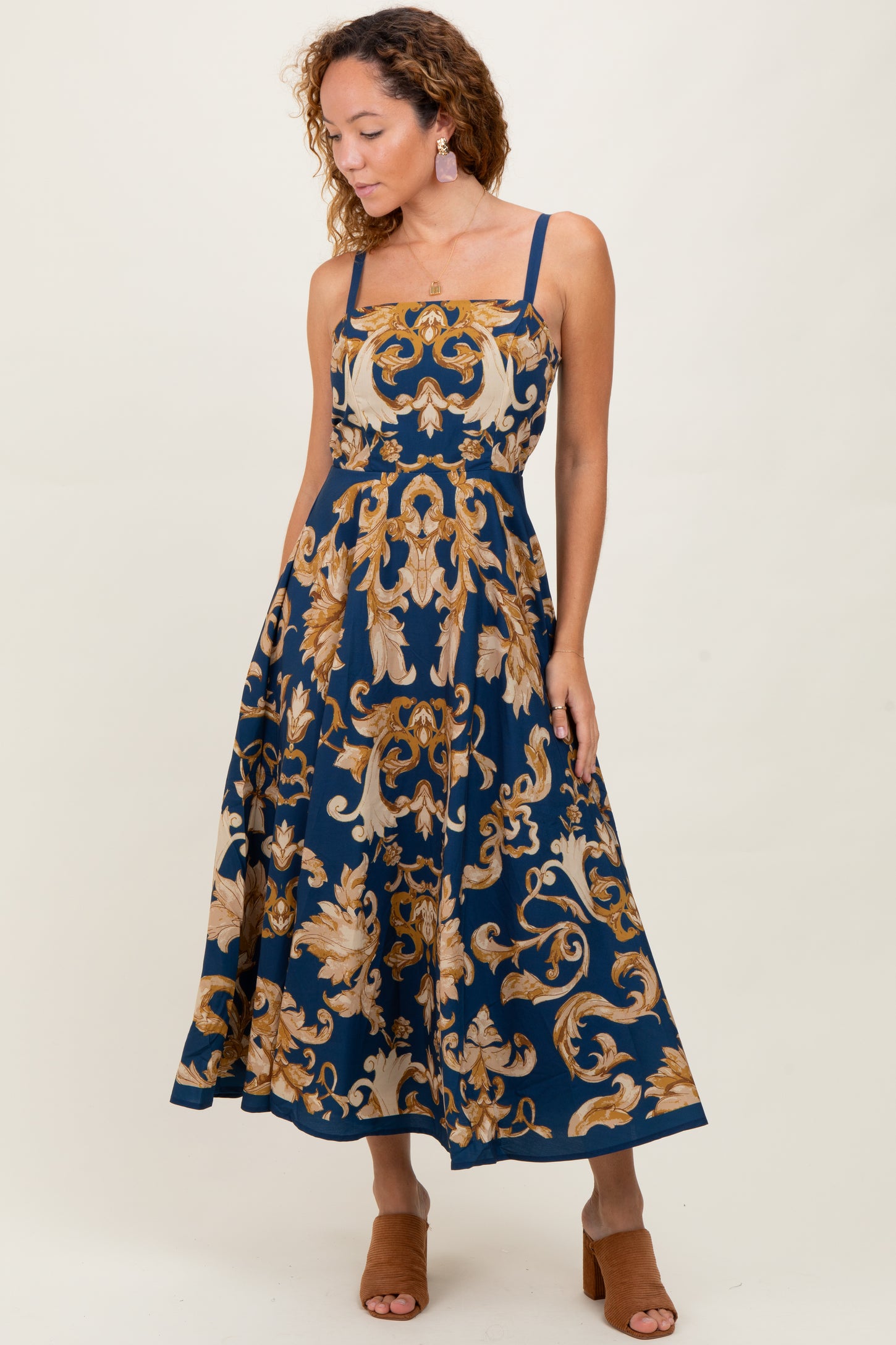 Dark Teal Damask Sleeveless Maxi Dress