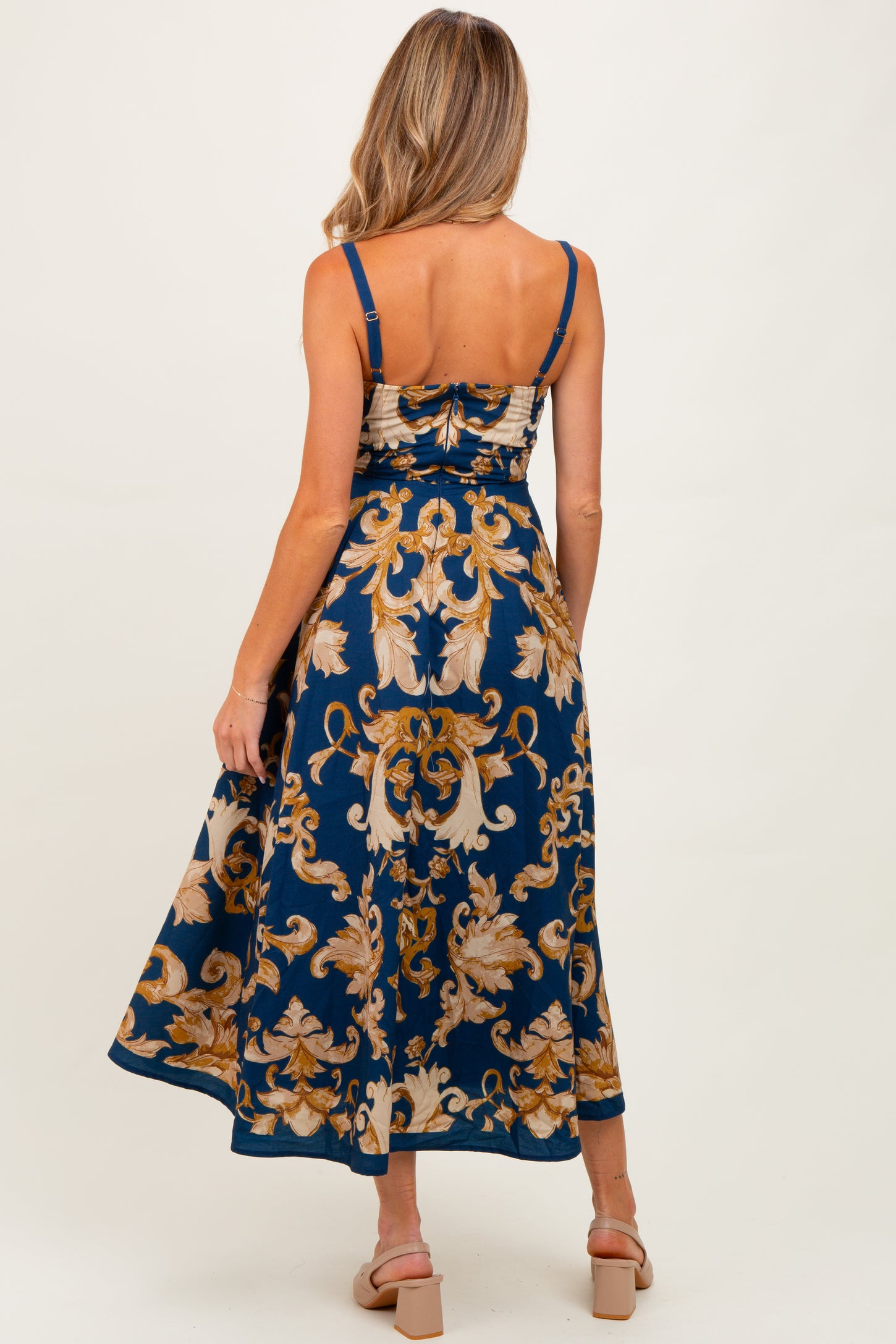 Dark Teal Damask Sleeveless Maternity Maxi Dress