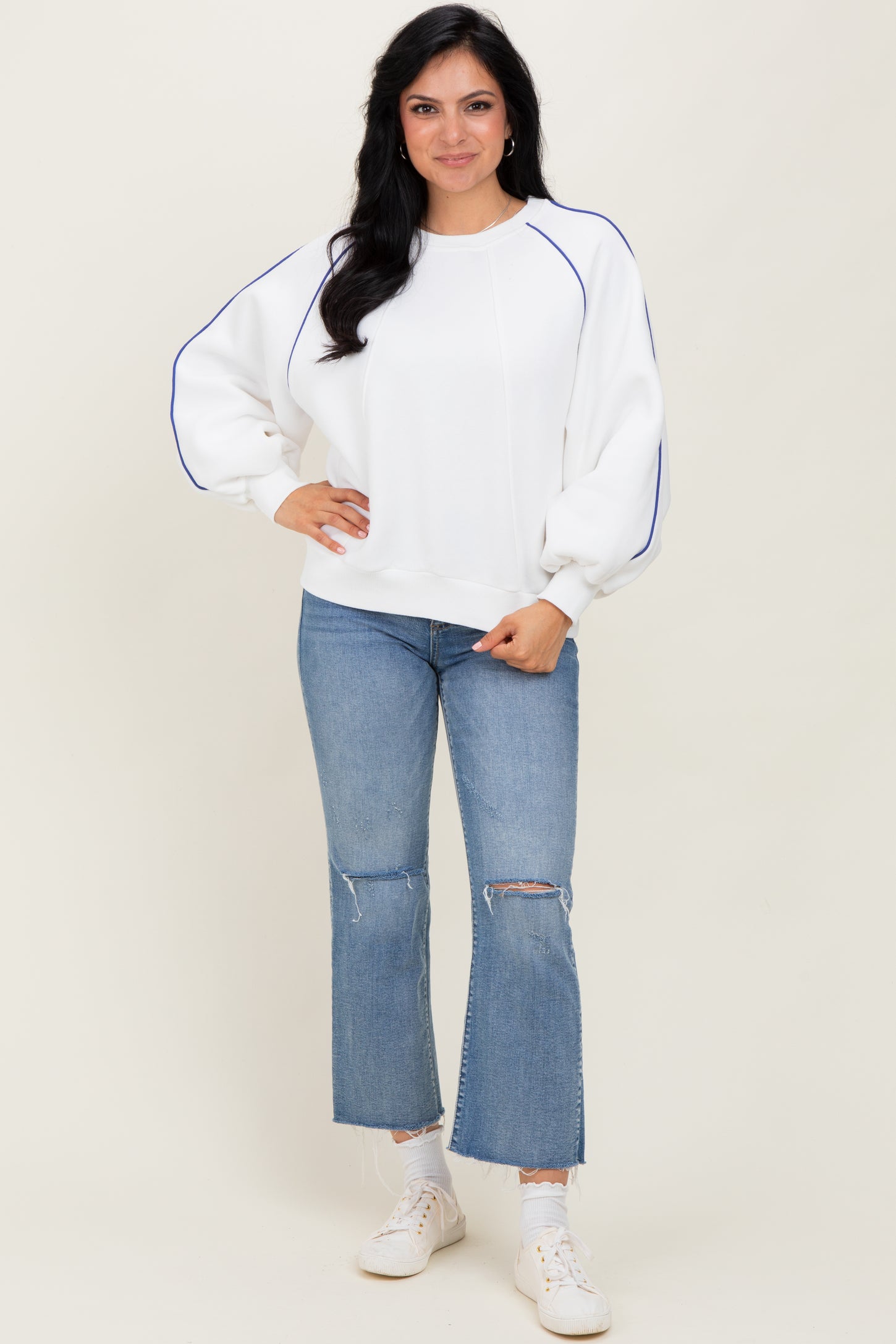 White Heather Blue Piping Accent Sweatshirt
