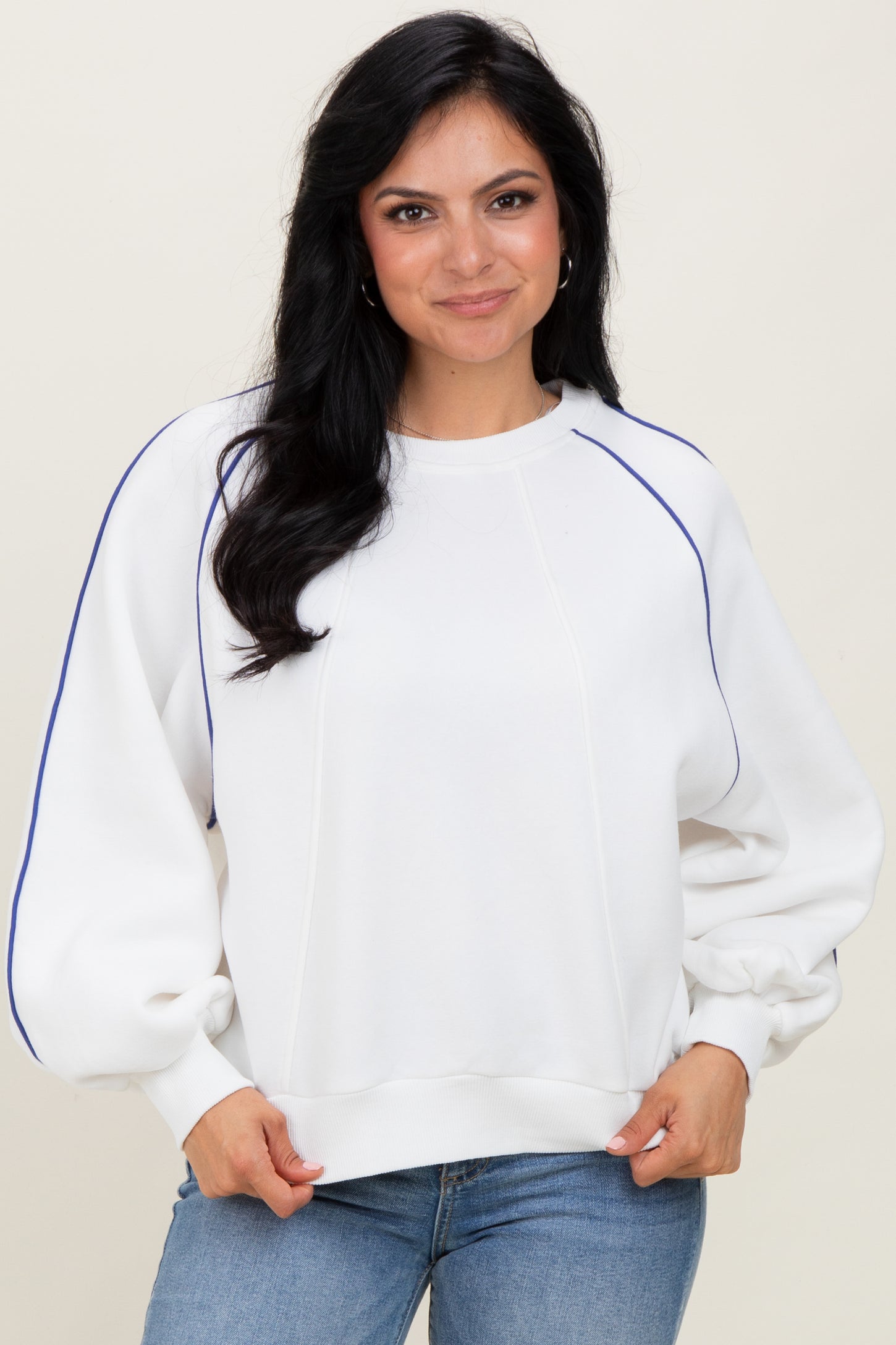 White Heather Blue Piping Accent Sweatshirt