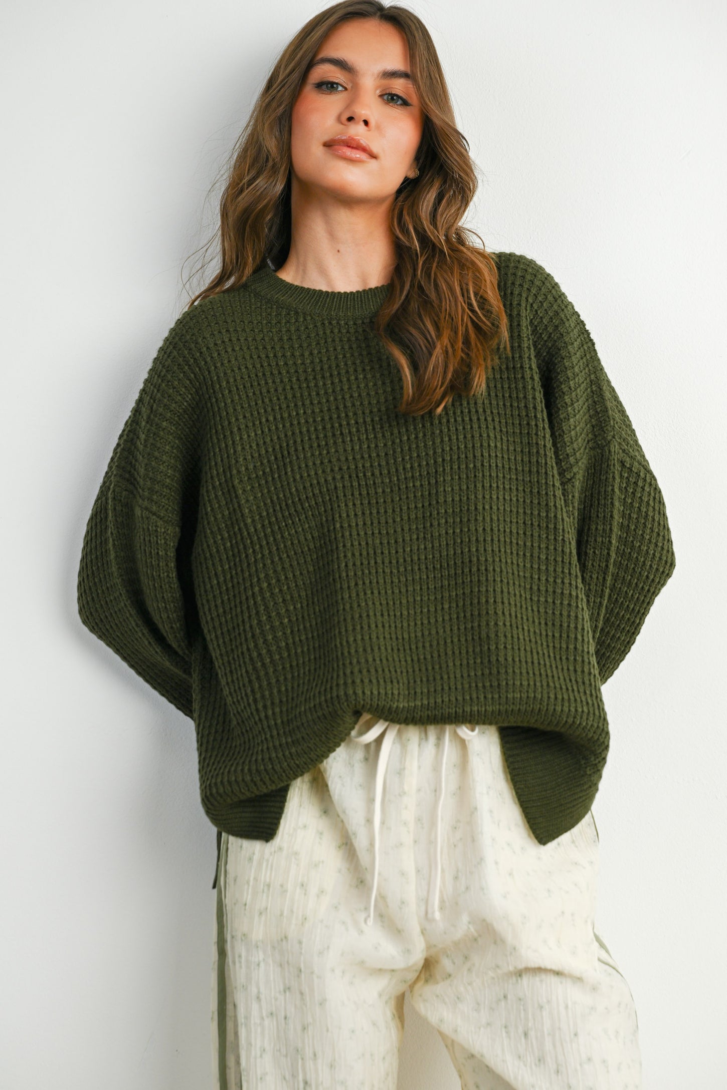 Olive Waffle Knit Side Slit Maternity Sweater