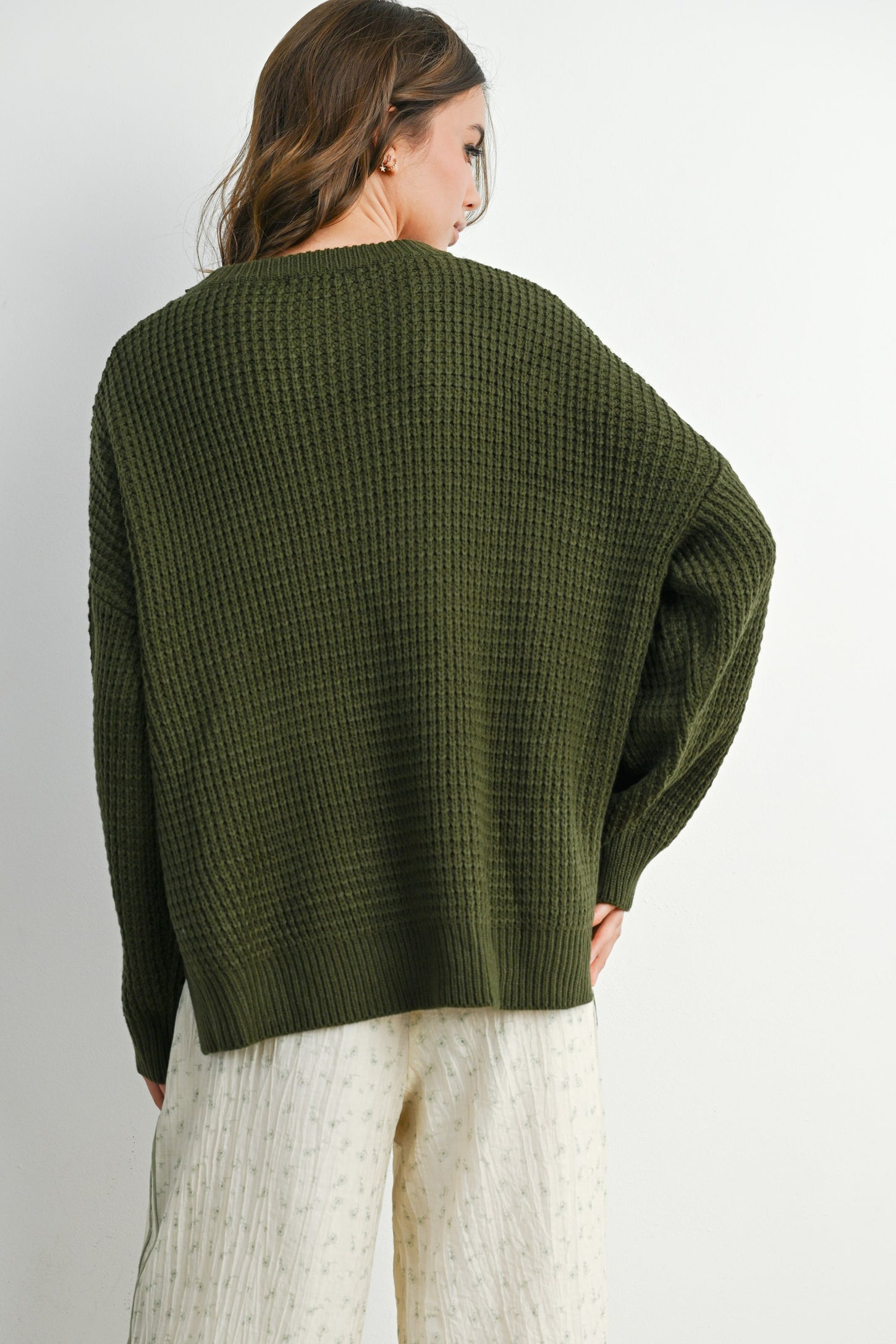 Olive Waffle Knit Side Slit Sweater