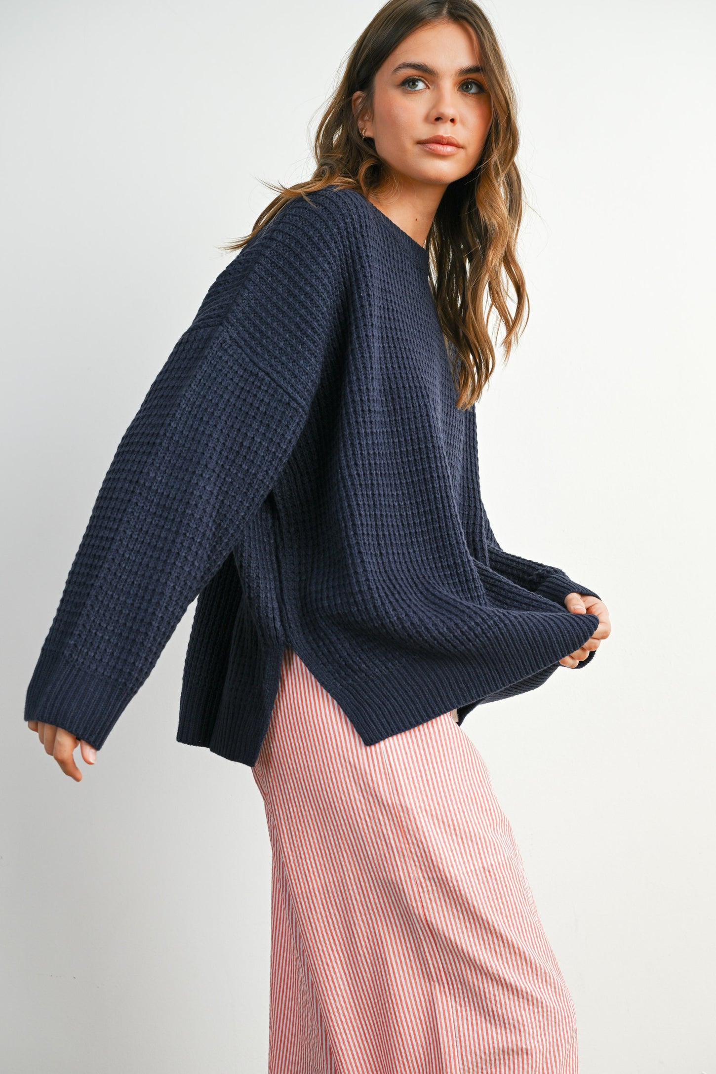 Navy Waffle Knit Side Slit Sweater