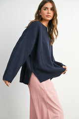 Navy Waffle Knit Side Slit Sweater