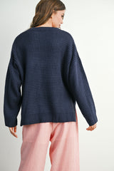 Navy Waffle Knit Side Slit Sweater