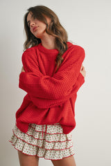 Red Waffle Knit Side Slit Maternity Sweater