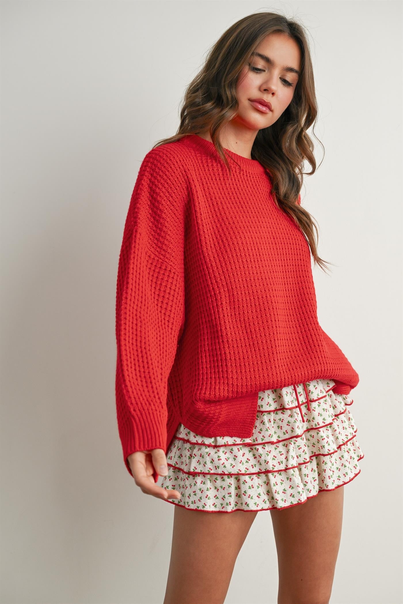 Red Waffle Knit Side Slit Sweater