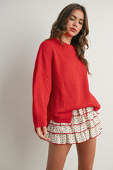 Red Waffle Knit Side Slit Sweater