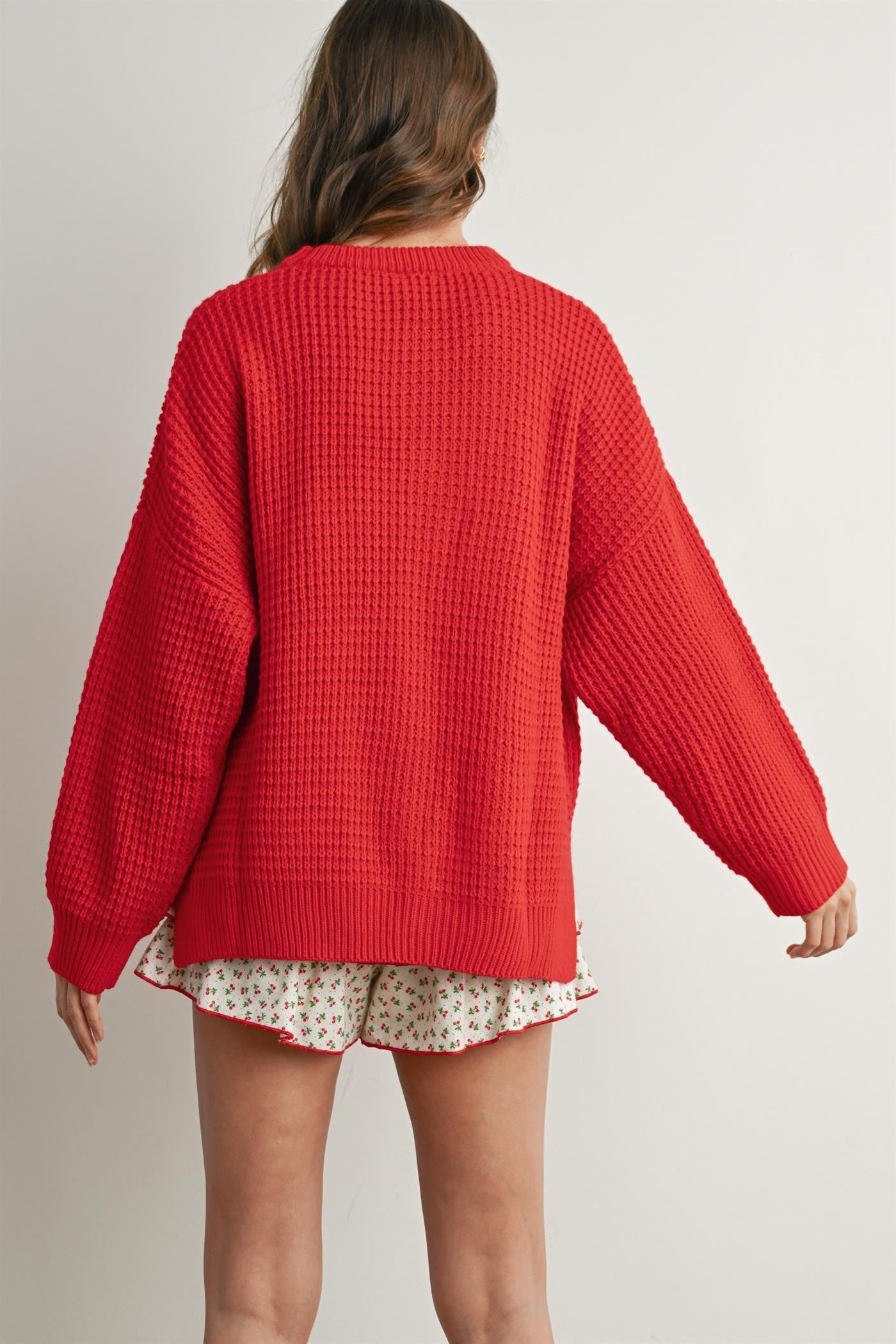 Red Waffle Knit Side Slit Sweater