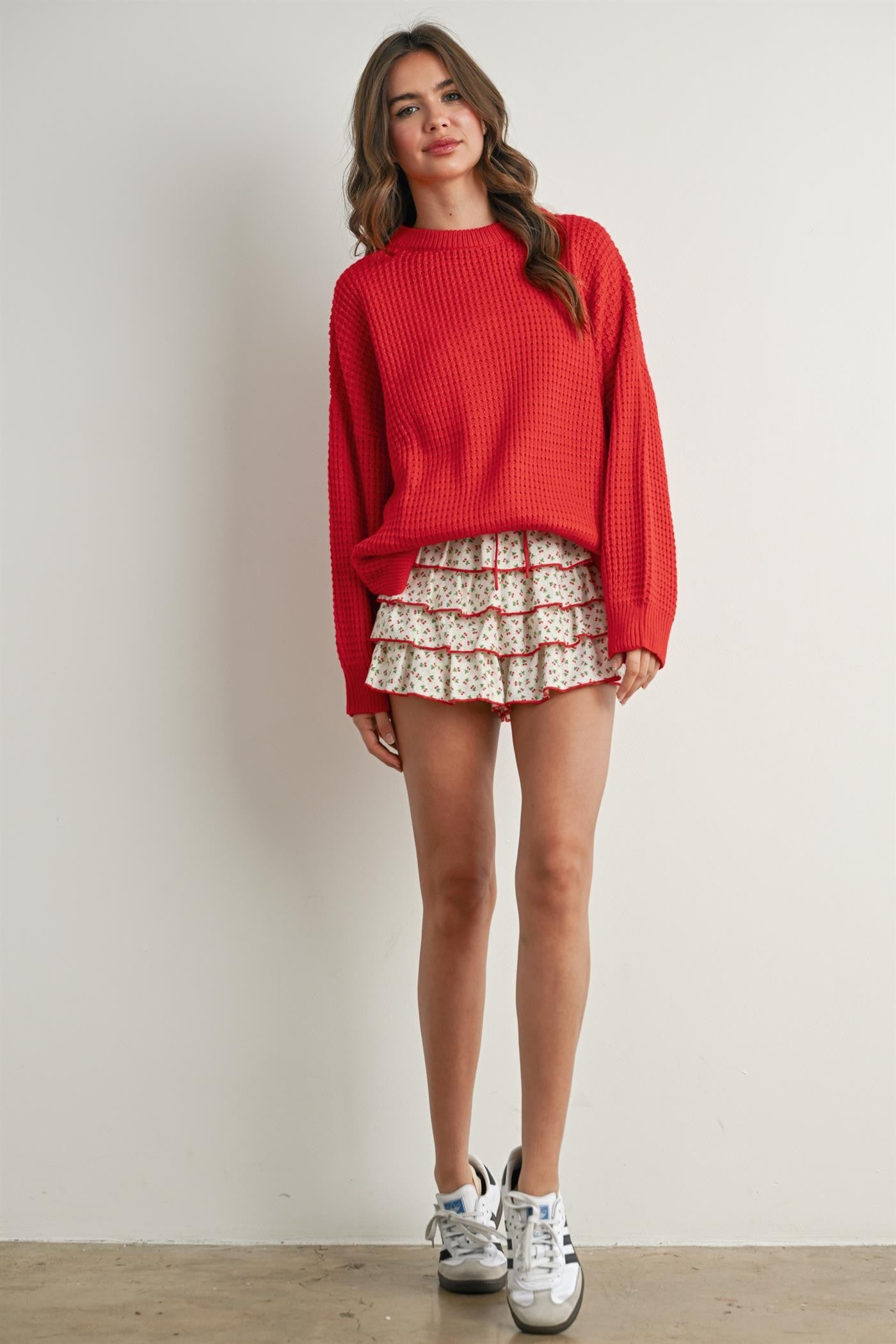 Red Waffle Knit Side Slit Sweater