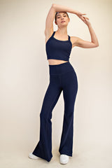 Navy Ribbed Split Flare Leggings