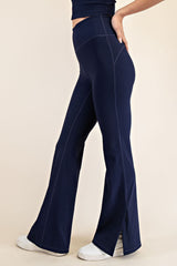 Navy Ribbed Split Flare Leggings