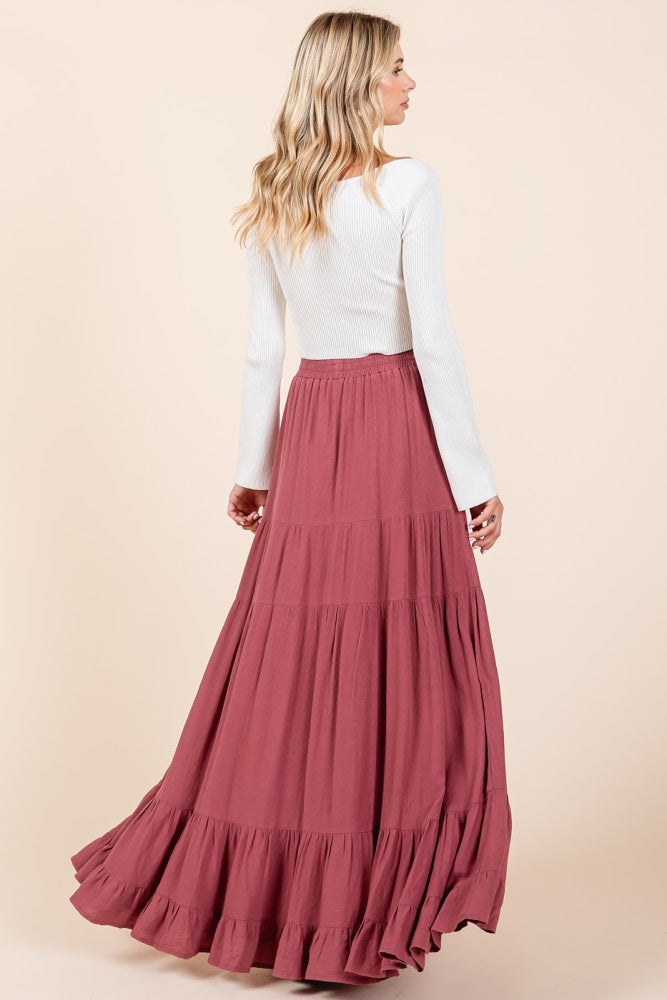 Mauve Tiered Ruffle Hem Maxi Skirt