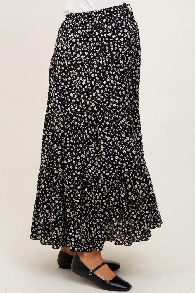 Black Floral Tiered Maternity Maxi Skirt
