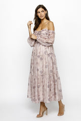 Light Pink Floral Off Shoulder Long Sleeve Tiered Maxi Dress