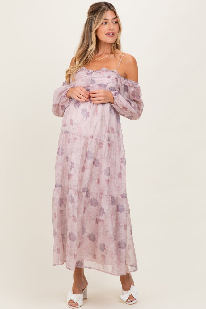 Light Pink Floral Off Shoulder Long Sleeve Tiered Maternity Maxi Dress