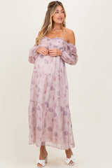Light Pink Floral Off Shoulder Long Sleeve Tiered Maternity Maxi Dress