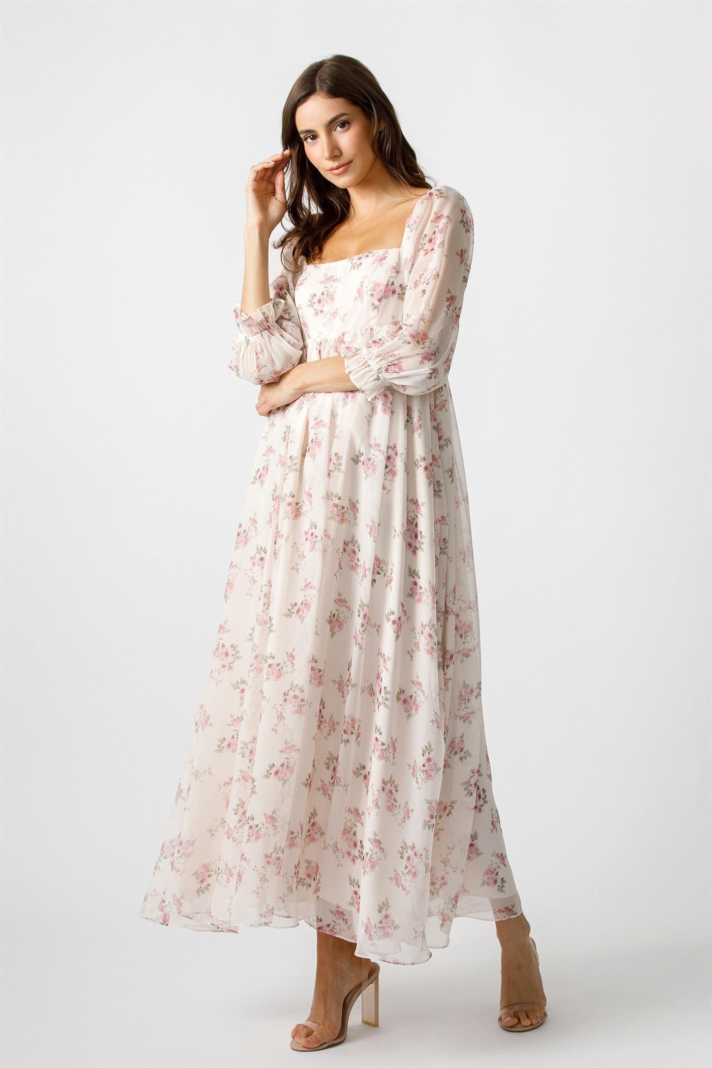 Light Pink Floral Chiffon Long Sleeve Maxi Dress