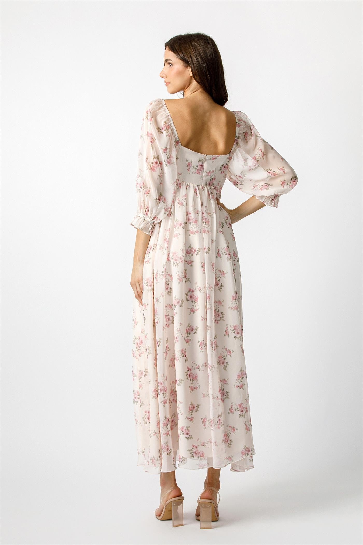 Light Pink Floral Chiffon Long Sleeve Maxi Dress