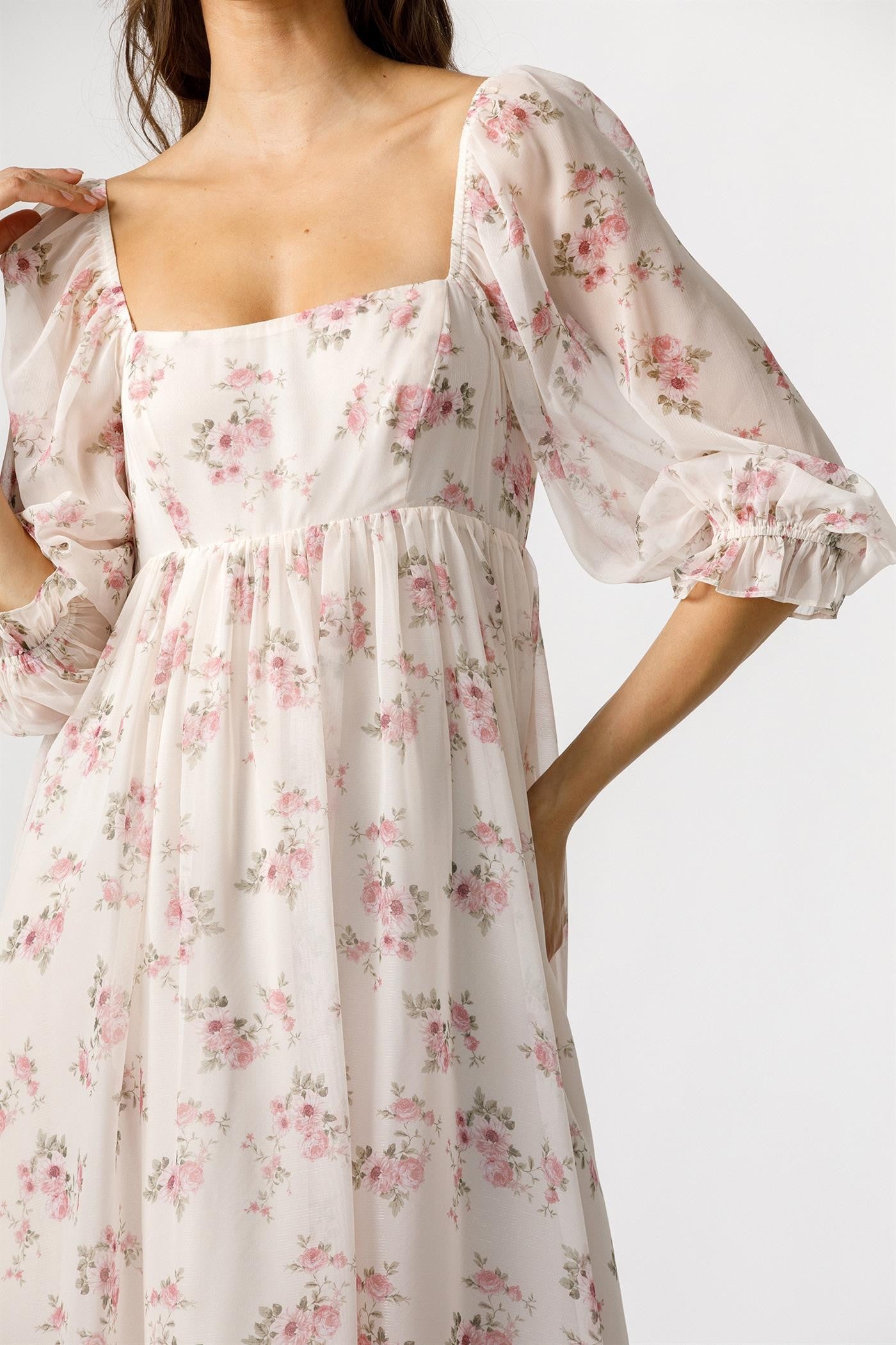 Light Pink Floral Chiffon Long Sleeve Maxi Dress