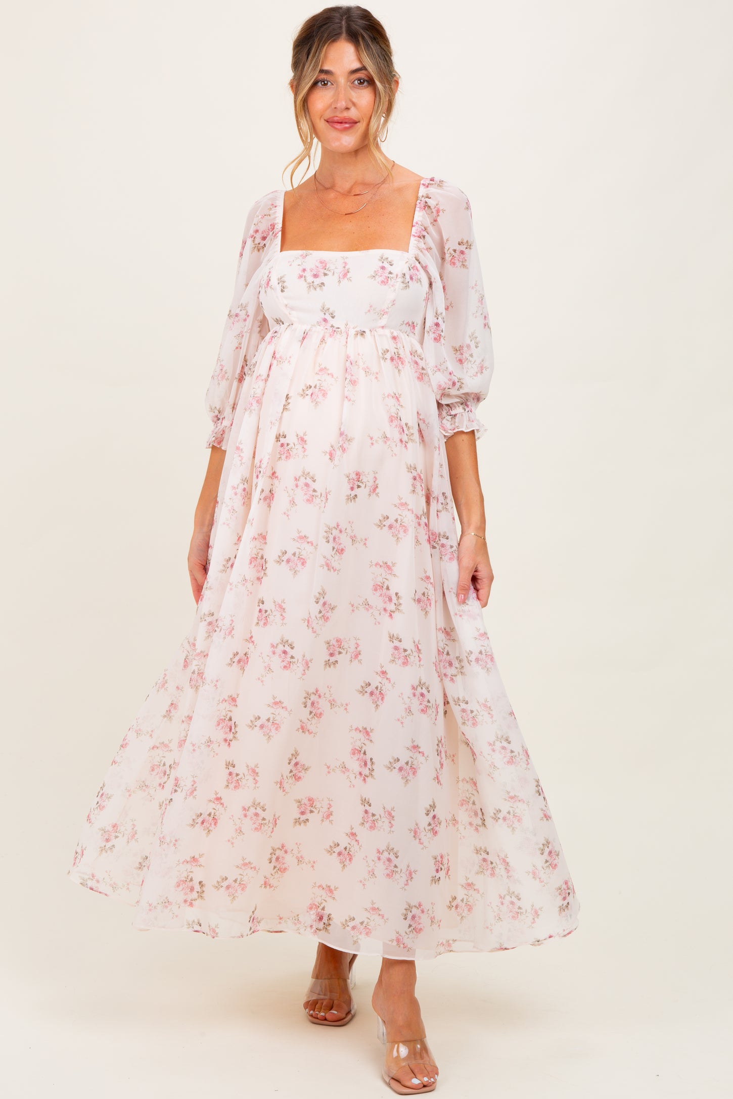 Light Pink Floral Chiffon Long Sleeve Maternity Maxi Dress