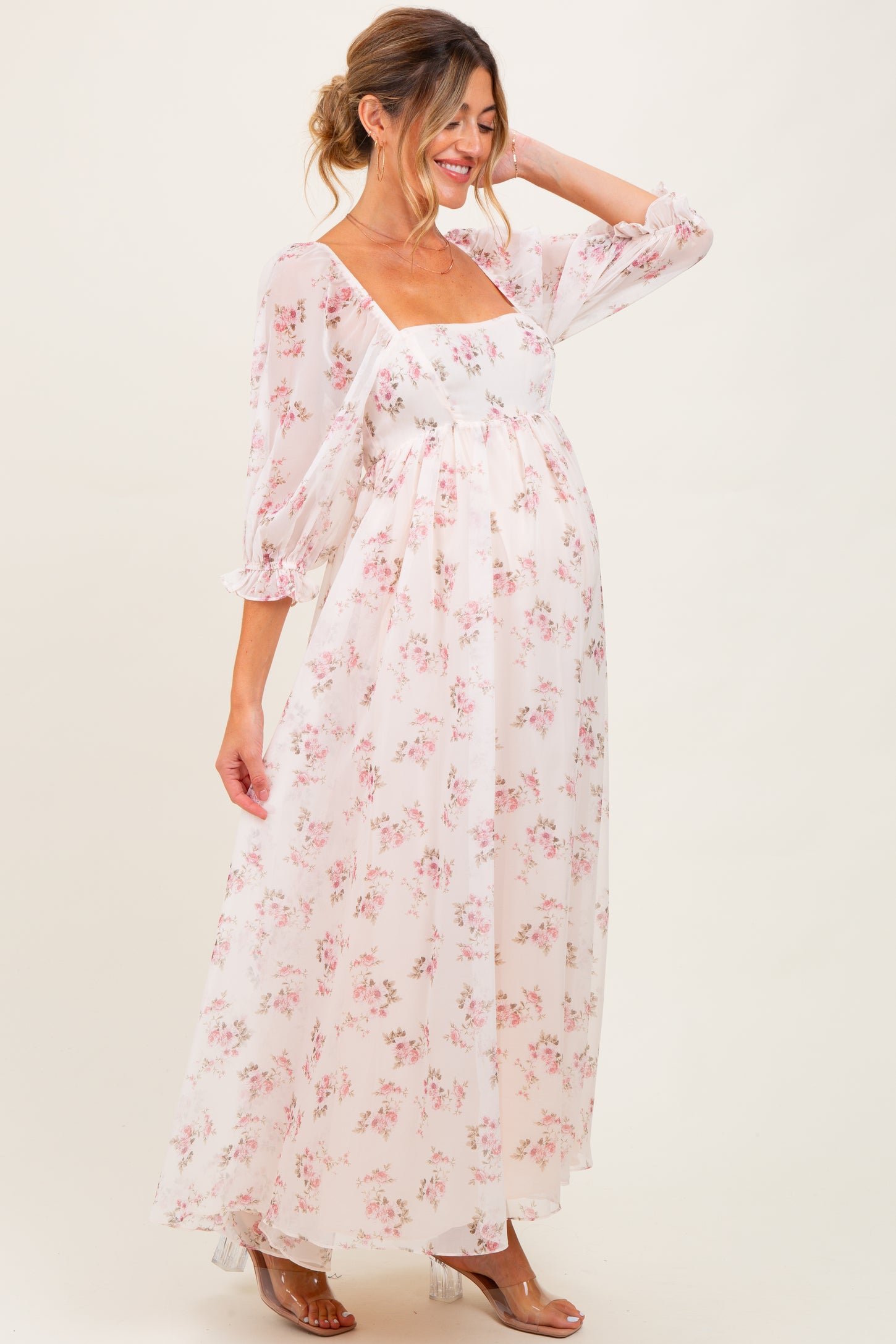 Light Pink Floral Chiffon Long Sleeve Maternity Maxi Dress