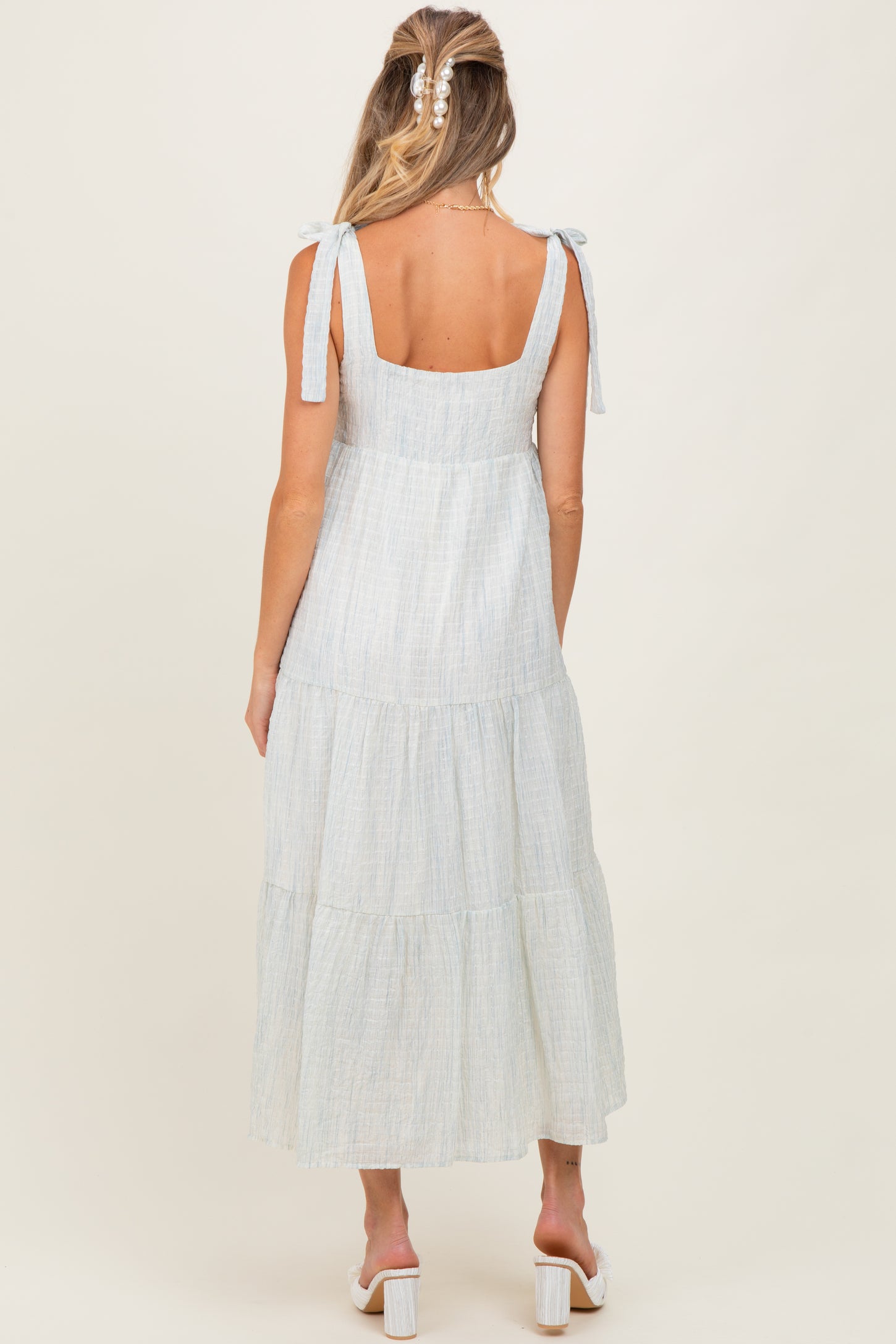 Light Blue V-Neck Shoulder Tie Maternity Midi Dress