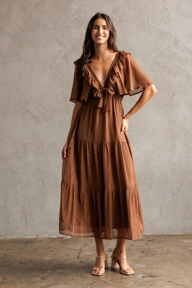 Shimmer Brown Metallic Tiered Midi Dress M