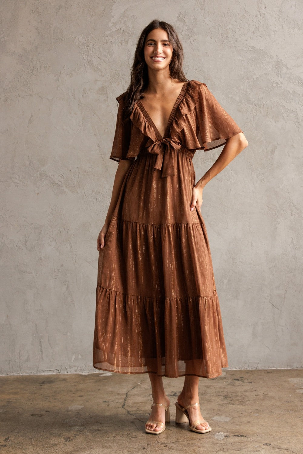 Brown Metallic Chiffon Ruffle V-Neck Maternity Midi Dress – PinkBlush