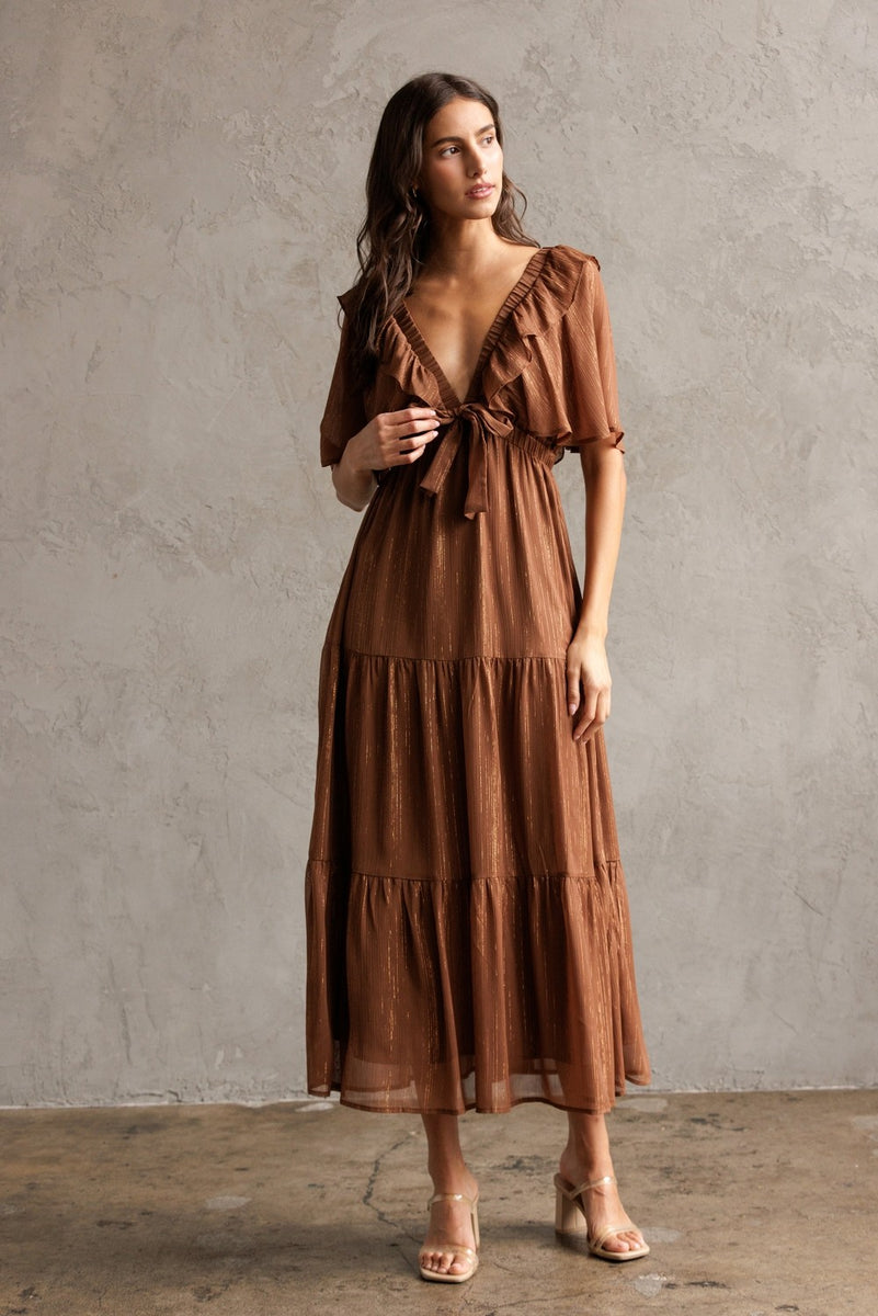 Brown Metallic Chiffon Ruffle V-Neck Midi Dress Brown Metallic Chiffon Ruffle V-Neck Midi Dress
