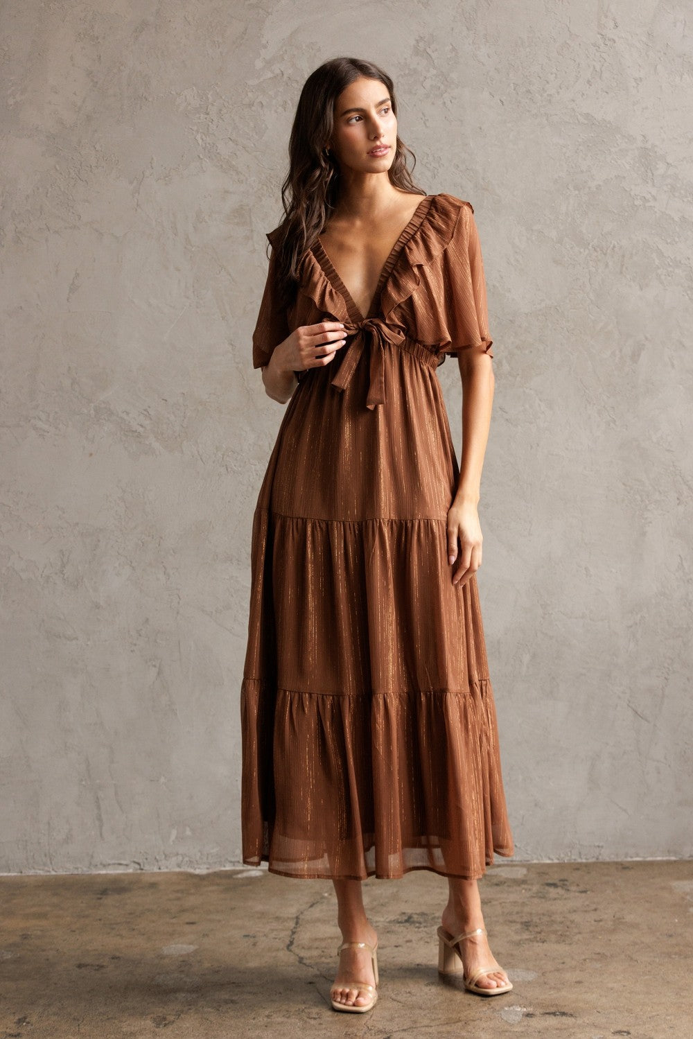 Shimmer Brown Metallic Tiered Midi Dress M