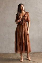 Brown Metallic Chiffon Ruffle V-Neck Midi Dress