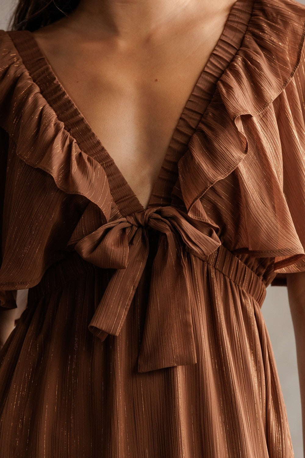 Brown Metallic Chiffon Ruffle V-Neck Midi Dress Brown Metallic Chiffon Ruffle V-Neck Midi Dress